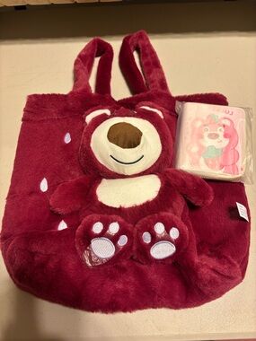 Plush Lotso bear Tote Bag in Deep Berry. Very soft!!!!! with Lotso wallet